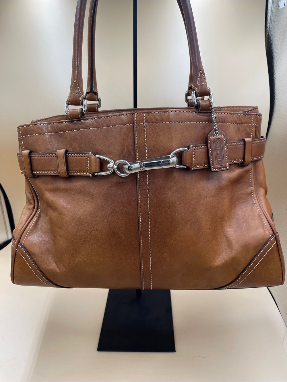 Coach Tan Brown Leather Shoulder Bag with Silver Bit Detail Simple Classic - Picture 1 of 8